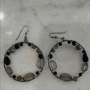 Smoky Gray Beaded Hoop Earrings - Unbranded